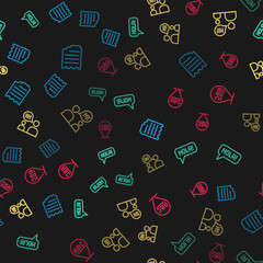 Set line Notebook, Hola in different languages, Two sitting men talking and Alphabet on seamless pattern. Vector © vector_v