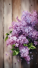 Beautiful lilac against a textured wooden background. Generative AI image
