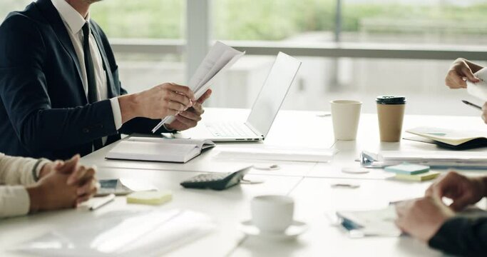 Meeting, paperwork and hands of lawyer team planning legal contract in a law firm with documents brainstorming. Group, teamwork and professional discussion by employees or jury in collaboration