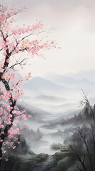 Pink sakura flowers in a panoramic landscape, wallpaper. Generative AI image