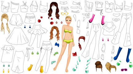 Retro Outfit Coloring Page Paper Doll with Clothes, Hairstyles and Accessories. Vector Illustration
