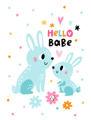 Obraz na płótnie Canvas Cute animals card. Baby shower holiday. Rabbits family. Birth anniversary celebration. Bunny mother and cub together. Adorable zoo characters. Hares birthday. Vector kids banner design