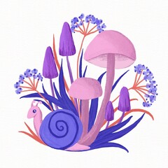Obraz premium Hand drawing illustration of pink purple mushrooms with forest wood plants blue snail. Magic woodland fairy nature, cartoon drawing with dangerous poisonous witch fungi, cute flora background design.