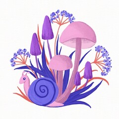 Hand drawing illustration of pink purple mushrooms with forest wood plants blue snail. Magic woodland fairy nature, cartoon drawing with dangerous poisonous witch fungi, cute flora background design.