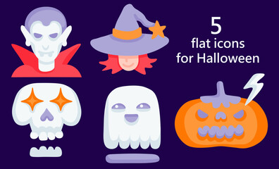 halloween icon set in vector.ghost,pumpkin,witch,skull,vampire.halloween design element.characters in flat style.minimal icons for web site stickers application.