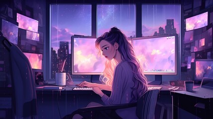 anime girl working on her computer lofi background