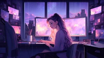 Fototapeta premium anime girl working on her computer lofi background