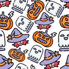 seamless pattern with halloween characters in vector.ghost,pumpkin,witch,skull,vampire.design element for halloween.characters in flat style.minimalistic pattern for wallpaper background. 