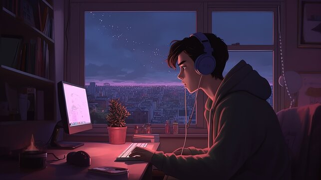 anime boy on his computer and hearing lofi music