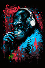 A gorilla in headphones. Printing a t-shirt. Generative AI