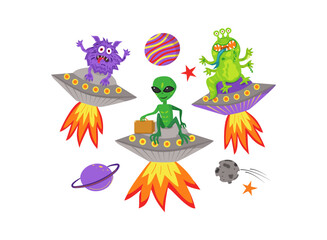 Vector set of space elements. UFO, alien, spaceship, comet, planets, stars, space, asteroid, bolide. Comic cartoon illustrations isolated on white.   Concepts for children print.