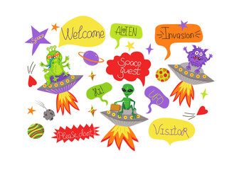 Vector set of space elements. UFO, alien, spaceship, comet, planets, stars, space, asteroid, bolide. Comic cartoon illustrations isolated on white.   Concepts for children print.