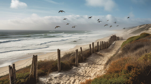 Serene beach with seagulls gracefully soaring above wooden fences. Generative AI image