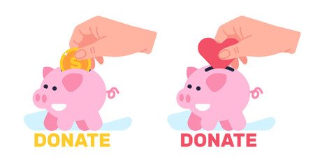 Donation or support, hand puts coin or heart into piggy bank. Charity sign, humanitarian assistance, giving money and love, people throw hearts into box Cartoon flat isolated vector set