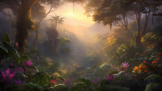 A breathtaking tropical jungle bathed in glow of dawn. Generative AI image