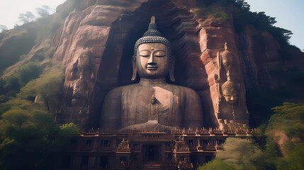 Giant Buddha statue seated tranquilly in a mountain area. Vesak Day concept.	
