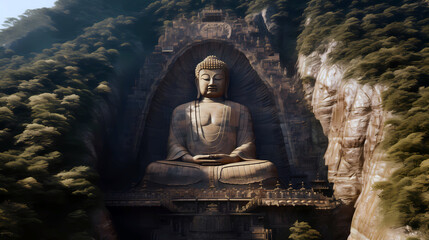 Giant Buddha statue seated tranquilly in a mountain area. Vesak Day concept.	

