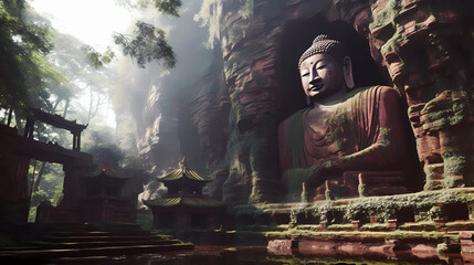 Giant Buddha statue seated tranquilly in a mountain area. Vesak Day concept.	
