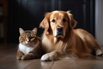 Cat and dog lying together, pet friends Generative AI