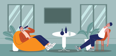 Drinker men. Alcoholics in room interior. Domestic drunkenness. Harmful addictions. Alcohol intoxication. Damage to health. People sitting at cafe table with beer bottles. Vector concept