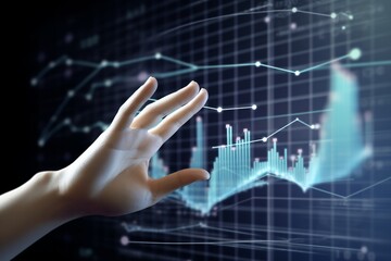 a hand gesturing towards a set of 3D bar and line,3d bar and line graph hand gesture, data visualization hand gesture, pointing to graph, analyzing statistics, business performance,