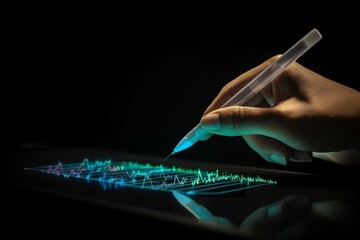 Glowing Innovation: Hand Holding a Bright Pen, Powering Technology with Creativity, hand, photograph, glowing pen, technology, innovation, creativity, bright,