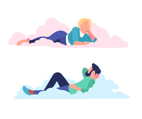 Happy creative carefree man and woman dreaming in clouds. Daydreaming characters, relaxed thoughtful boy and girls. Cartoon flat style isolated vector imagination and inspiration set