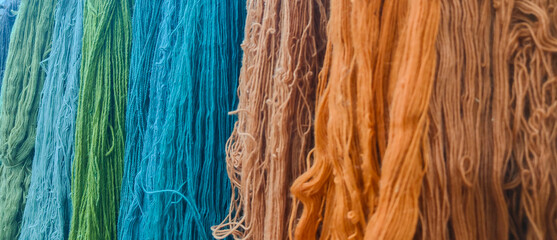 multicolor wool yarns for carpets hang on the wall - 604536788