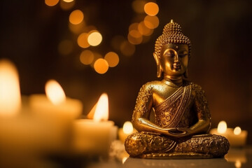 Buddha image in peaceful meditation pose with copy space concept for buddhism holidays and religion, generative AI