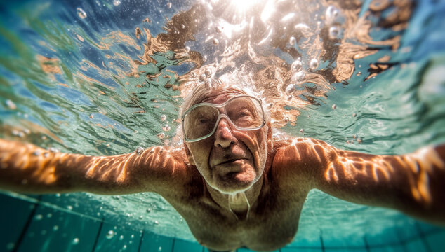 Healthy senior man swimming under water in public pool, mineral water pool. Happy pensioner enjoying sportive lifestyle. Active retirement concept. happy funny image of elderly having fun 