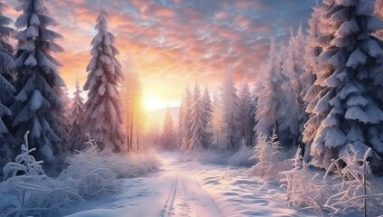 Frosty Spruce Branches.Outdoor frost scene. Snow winter background. Nature forest light landscape. Beautiful tree and sunrise sky. Sunny, snowy, scenic, snowfall generative ai variation 7
