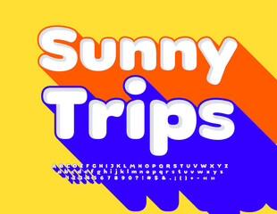 Vector advertising poster Sunny Trips. Bright 3D Font with Big Blue Shadow. Artistic Alphabet Letters and Numbers. Creative trendy Font