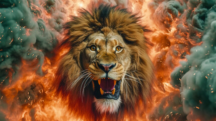 Wildfire Fury, The Ferocious Aggression of an Angry Lion Amidst Fire and Smoke, Generative AI