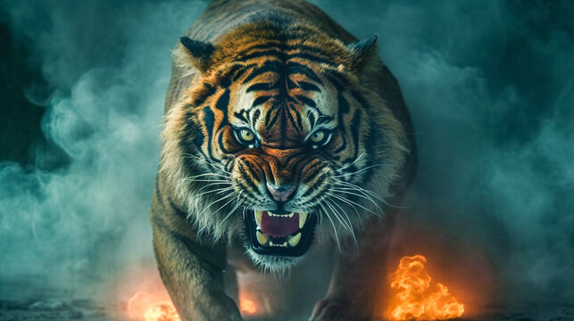 Roaring Dominance:, Capturing the Menacing Presence of an Angry Tiger in Fire and Smoke, Generative AI