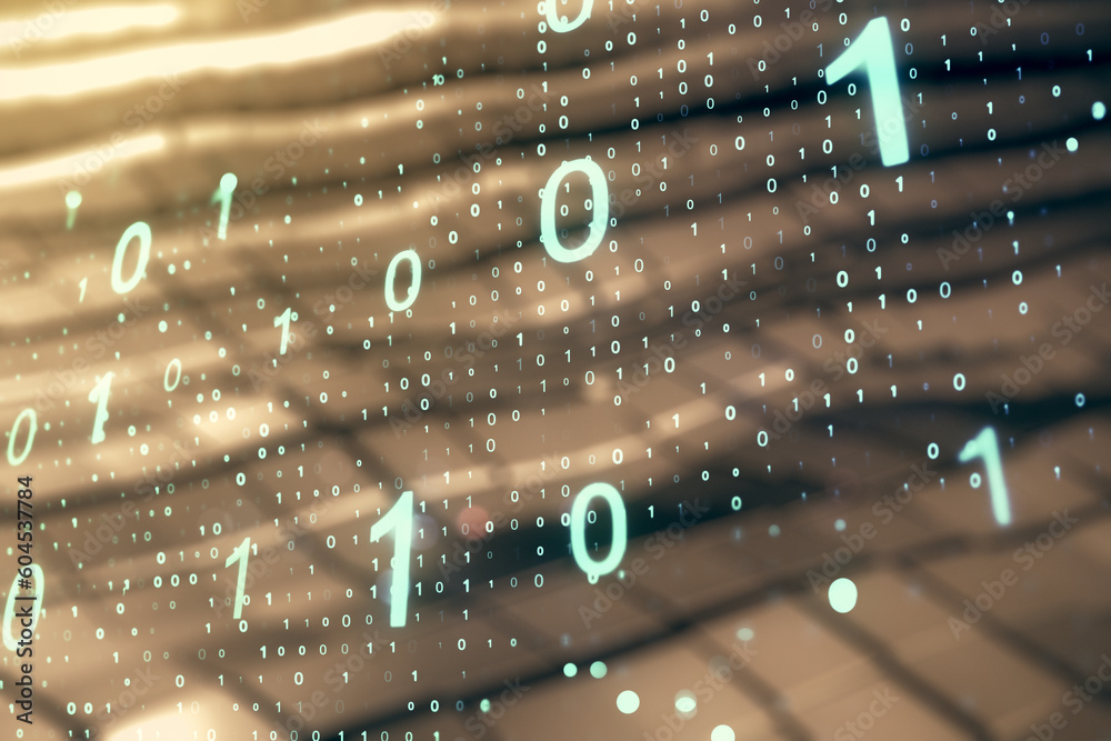 Aufkleber Abstract virtual binary code sketch on shiny metal background, hacking and matrix concept. Multiexposure