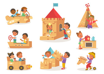 Kids cardboard games. Children play with boxes. Carton teepee and plane. Homemade toys. Imagination development. Playground paper castle and car. Stove cooking. Splendid vector set