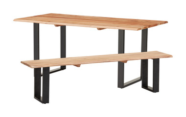 Long wooden chair with metal legs that can sit for many people cut out isolated background