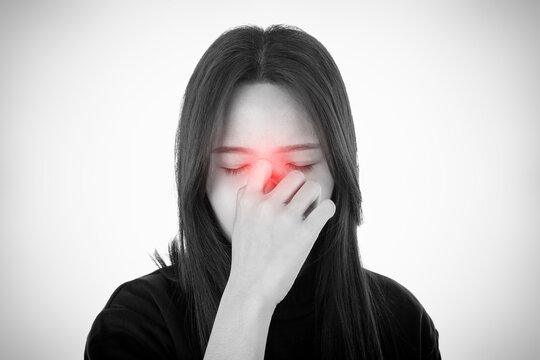 Young Woman With Sinus Pressure Pain Isolated On White Background