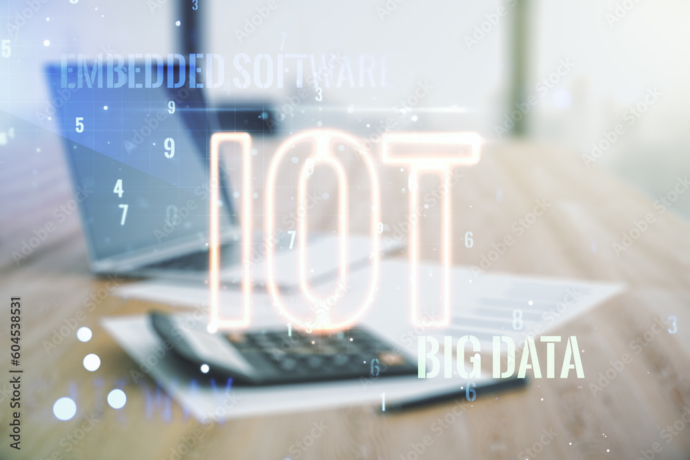 Poster abstract virtual iot hologram on calculator and laptop background. multiexposure