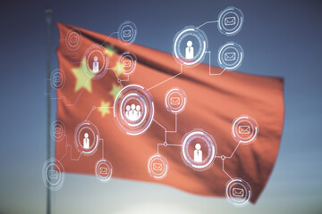 Double exposure of abstract virtual social network icons on flag of China and sunset sky background. Marketing and promotion concept