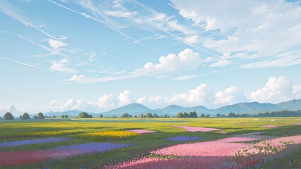 Landscape with flowers and mountains. Created with Generative AI technology.