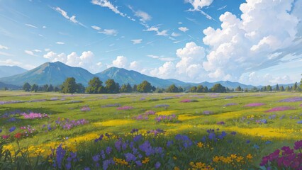 Landscape with flowers. Created with Generative AI technology.