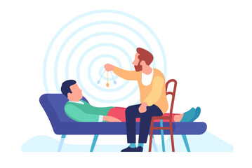 Man conducts hypnotherapy session for his visitor. Patient lying on sofa in trance, hypnosis therapy, psychedelic whirlpool and chatelaine watch cartoon flat style isolated vector concept