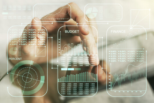 Multi exposure of creative statistics data hologram with finger presses on a digital tablet on background, stats and analytics concept