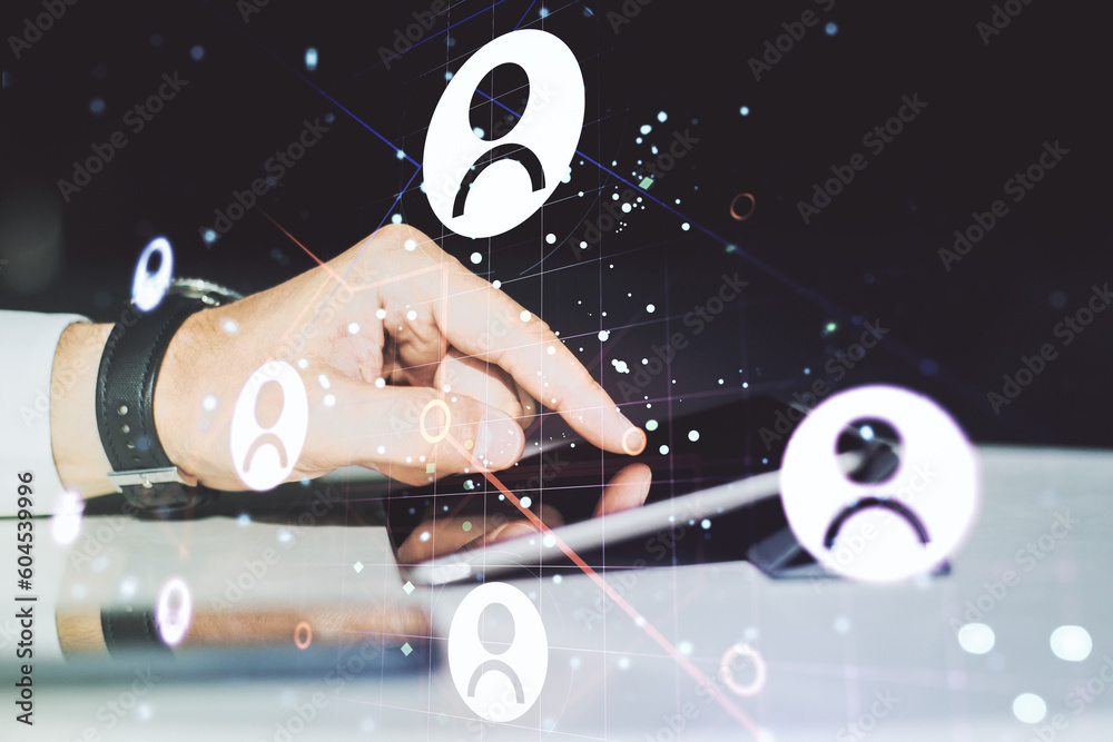 Poster Double exposure of social network icons concept and hand working with a digital tablet on background. Networking concept