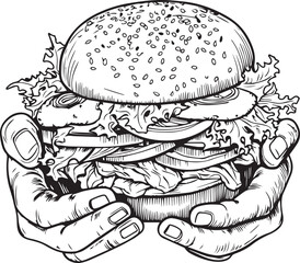 Hands hold a burger, burger in hands Vector Illustration, SVG