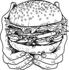 Hands hold a burger, burger in hands Vector Illustration, SVG