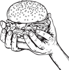 Hands hold a burger, burger in hands Vector Illustration, SVG