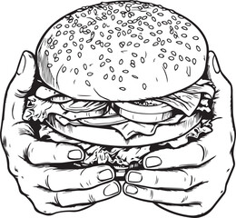 Hands hold a burger, burger in hands Vector Illustration, SVG