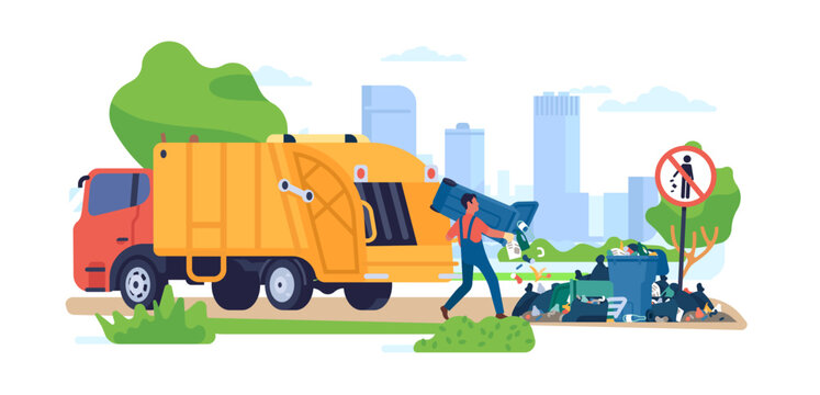 Man throws trash out of truck in wrong place near no littering warning sign. Trash pile with stinking bag and container. Dirty street, unsorted rubbish. Cartoon flat style vector concept